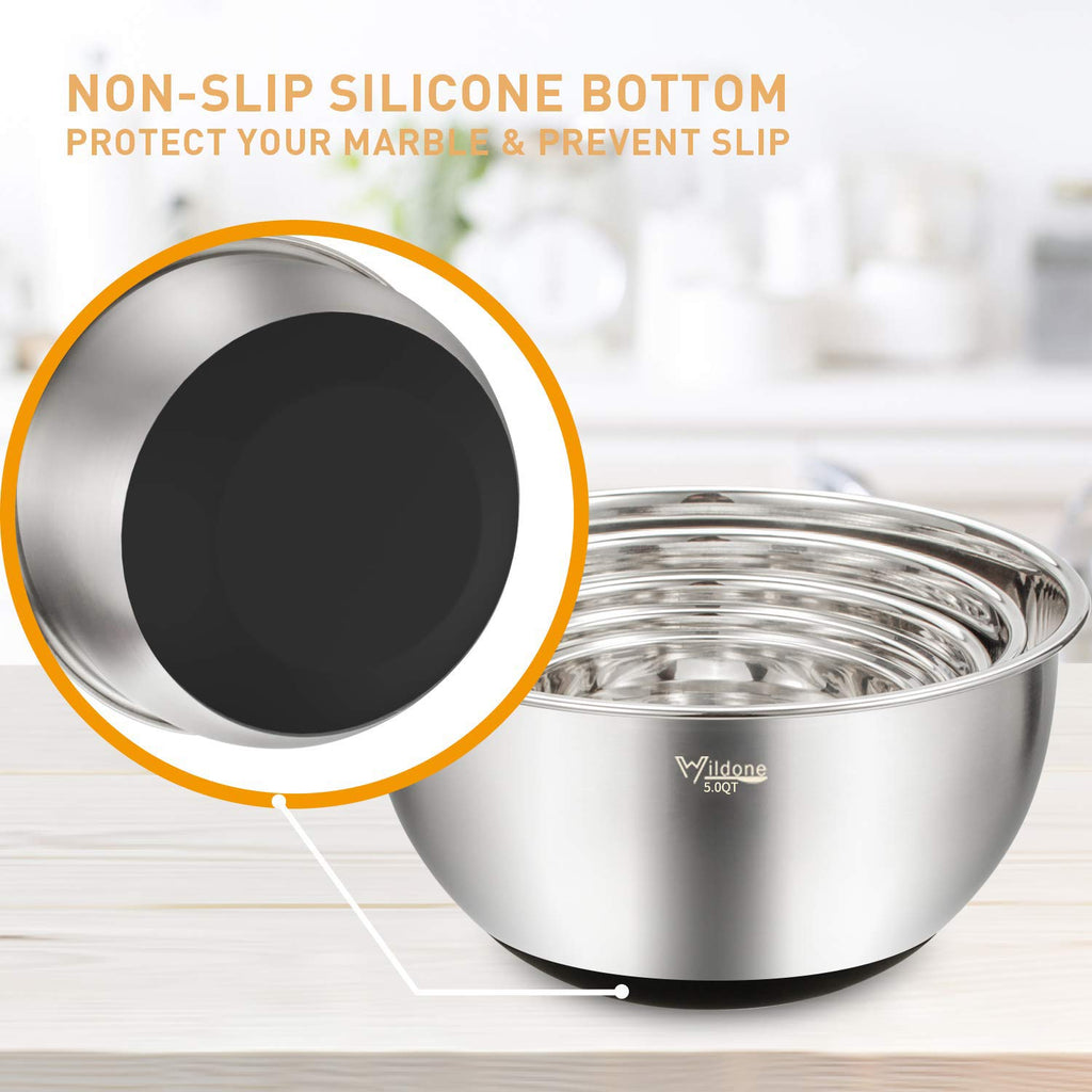 Wildone Mixing Bowls Set of 5, Stainless Steel Nesting Bowls with Airtight Lids, 3 Grater Attachments, Measurement Marks & Non-Slip Bottoms, Size 5,