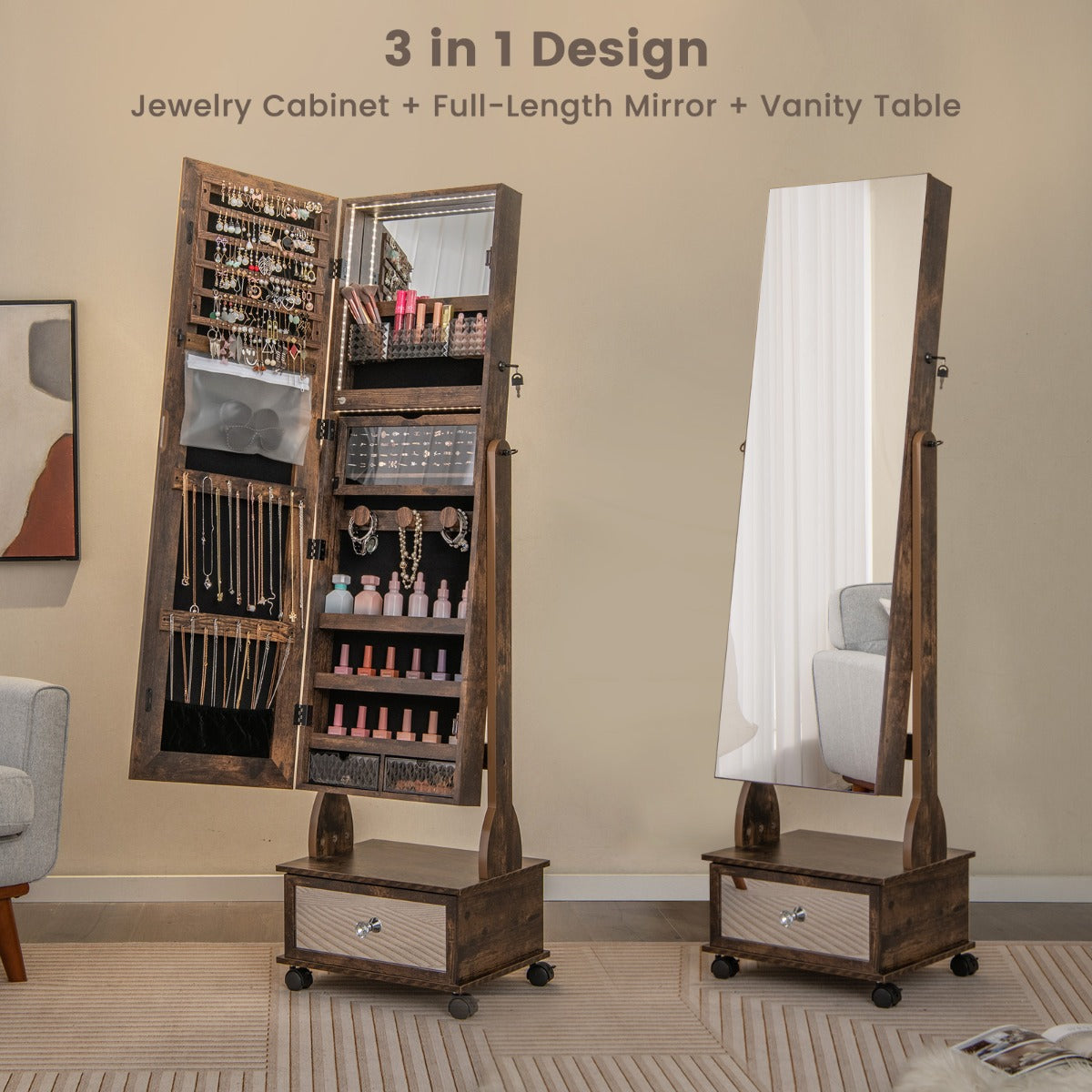 NNECW 159 CM Lockable Jewelry Organizer with 3-Color LED Lights-Brown-2